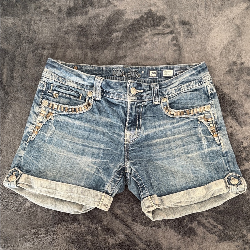 Miss Me Easy Shorts Light Blue Denim Cuffed Shorts with Crystal Trim